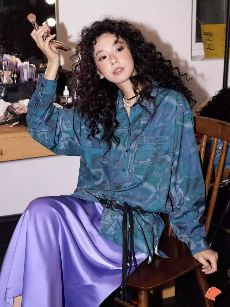 "Deep Blue Art Realm" Abstract Print Loose Long Sleeved Shirt【s0000013832】