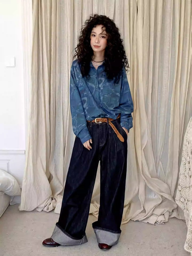 "Deep Blue Art Realm" Abstract Print Loose Long Sleeved Shirt【s0000013832】