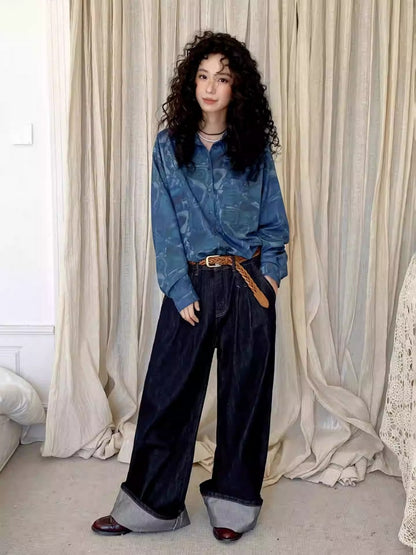 "Deep Blue Art Realm" Abstract Print Loose Long Sleeved Shirt【s0000013832】