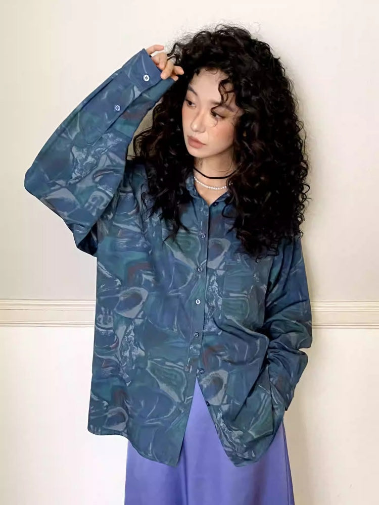 "Deep Blue Art Realm" Abstract Print Loose Long Sleeved Shirt【s0000013832】