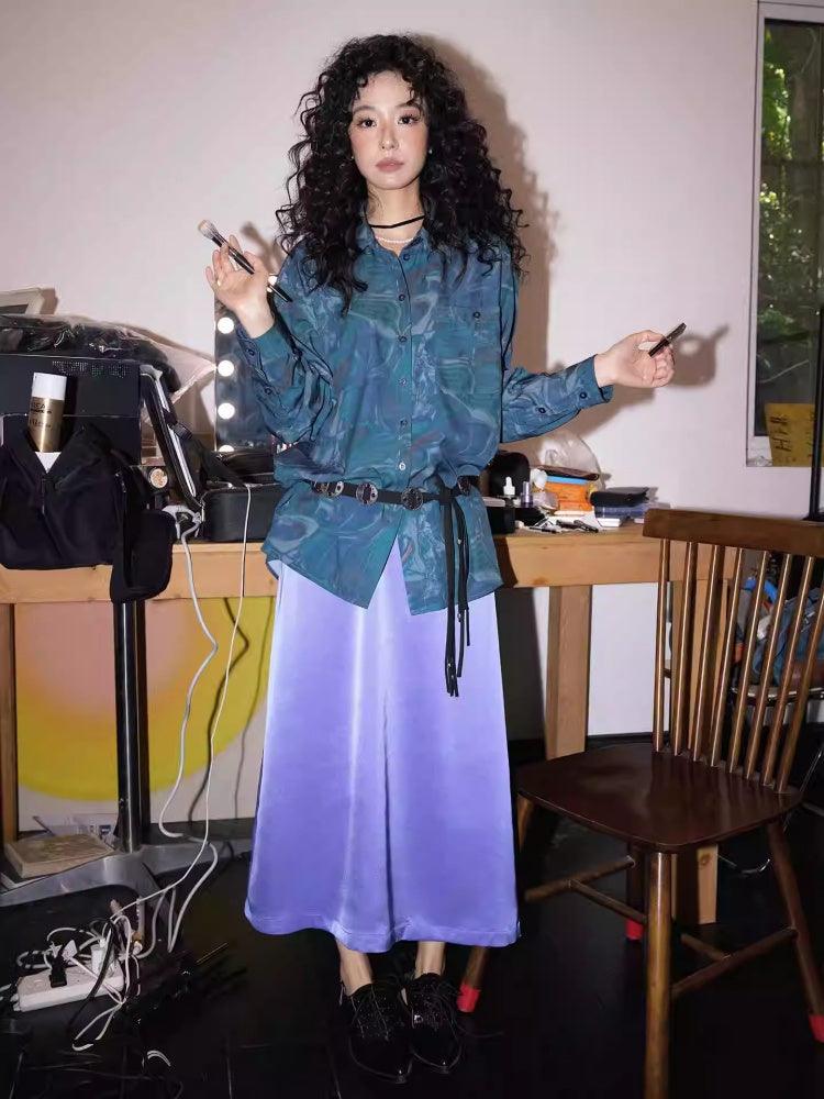 "Deep Blue Art Realm" Abstract Print Loose Long Sleeved Shirt【s0000013832】