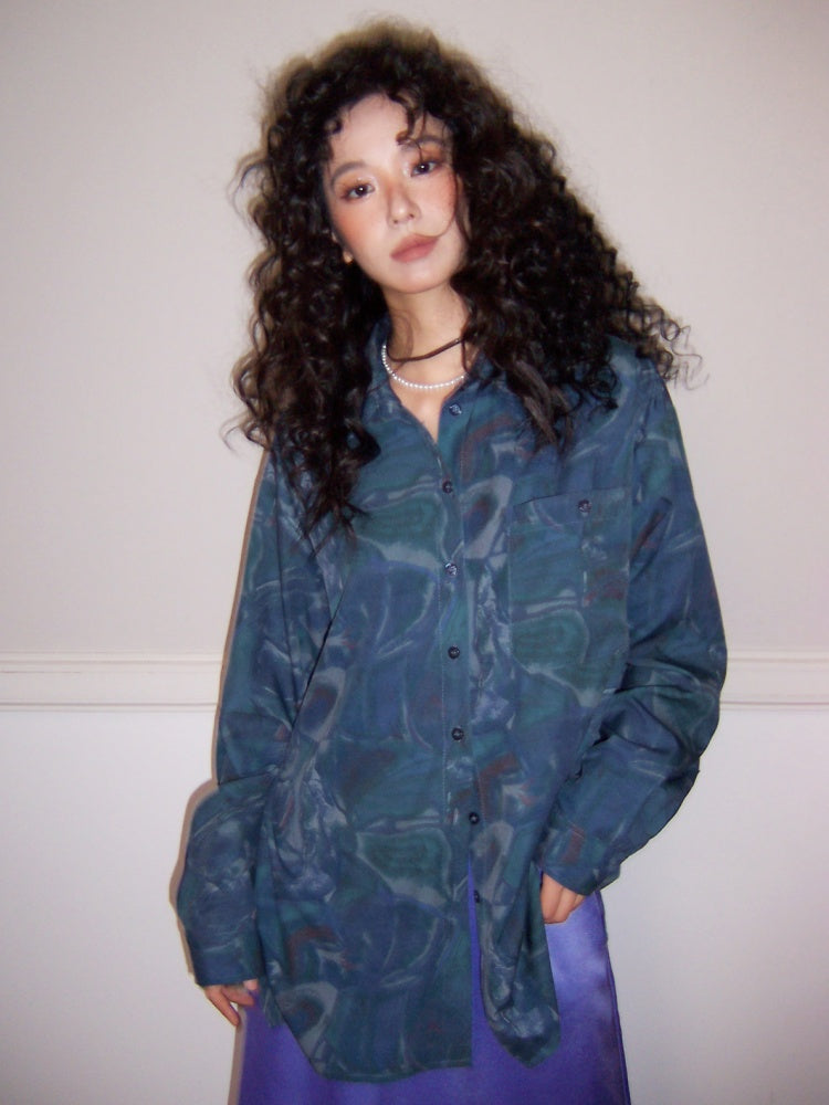 "Deep Blue Art Realm" Abstract Print Loose Long Sleeved Shirt【s0000013832】