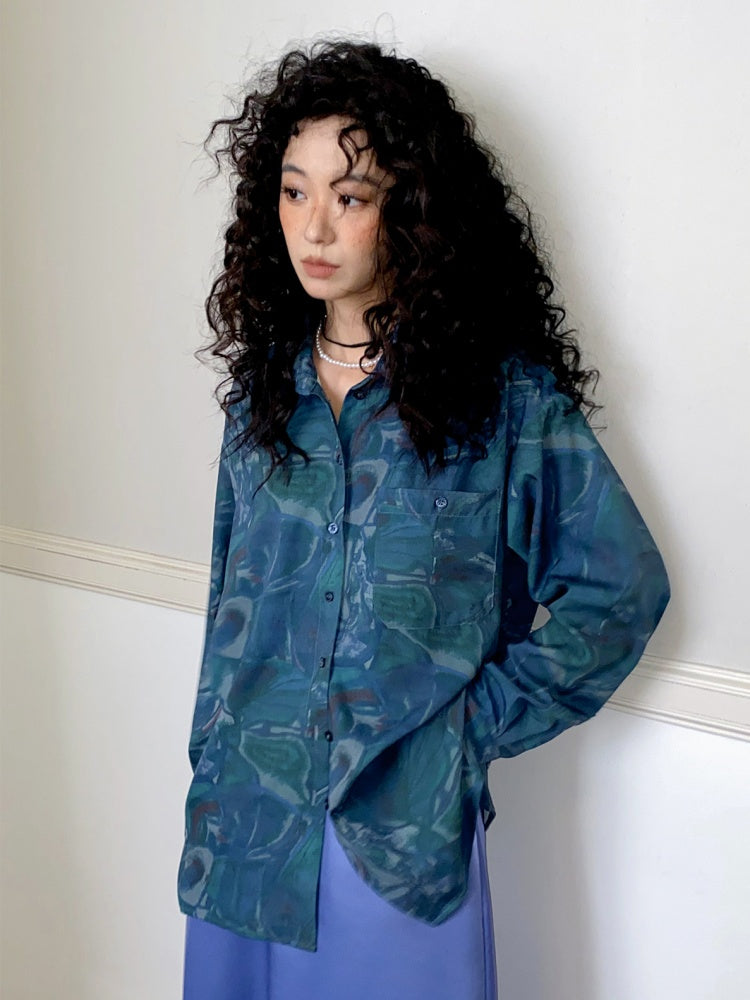 "Deep Blue Art Realm" Abstract Print Loose Long Sleeved Shirt【s0000013832】