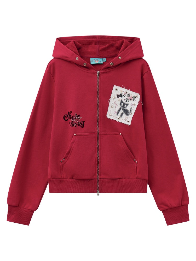 "Cherry Fruit" Kitten Print Vintage Hooded Zip Jacket【s0000013835】