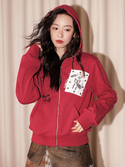 "Cherry Fruit" Kitten Print Vintage Hooded Zip Jacket【s0000013835】