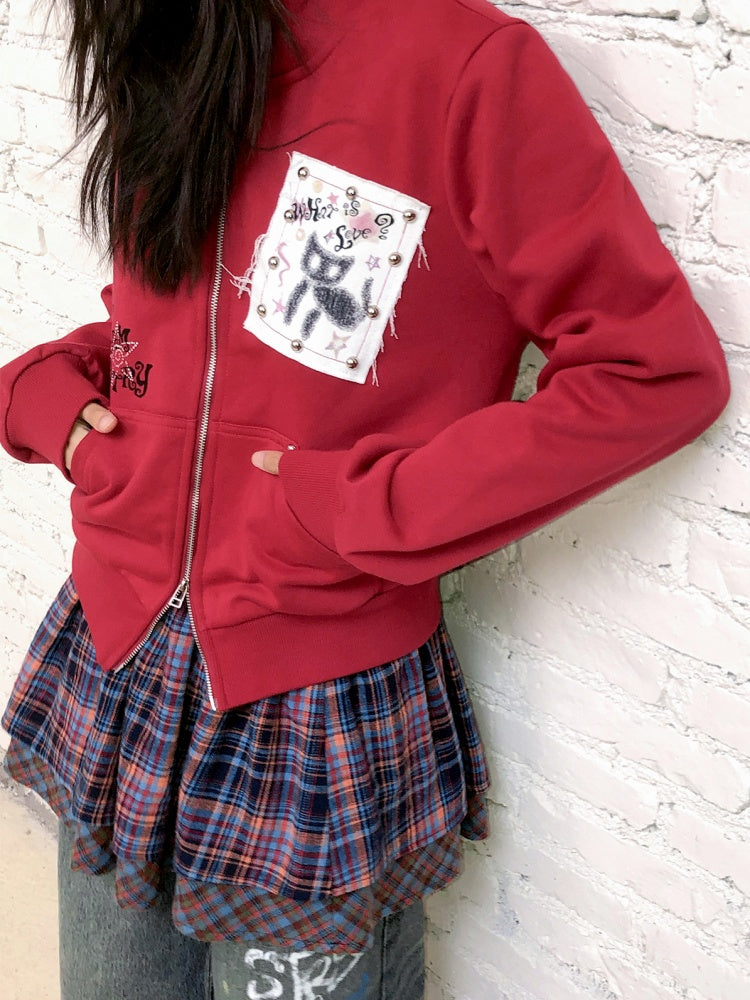 "Cherry Fruit" Kitten Print Vintage Hooded Zip Jacket【s0000013835】