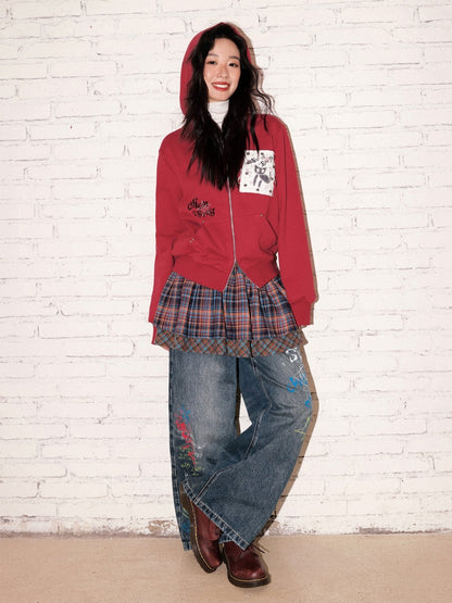 "Cherry Fruit" Kitten Print Vintage Hooded Zip Jacket【s0000013835】