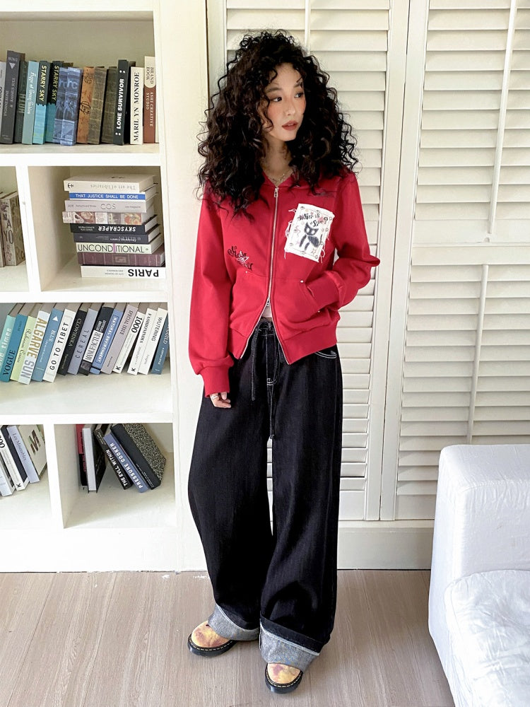 "Cherry Fruit" Kitten Print Vintage Hooded Zip Jacket【s0000013835】