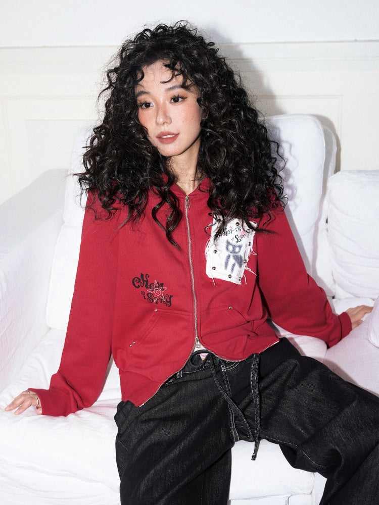 "Cherry Fruit" Kitten Print Vintage Hooded Zip Jacket【s0000013835】