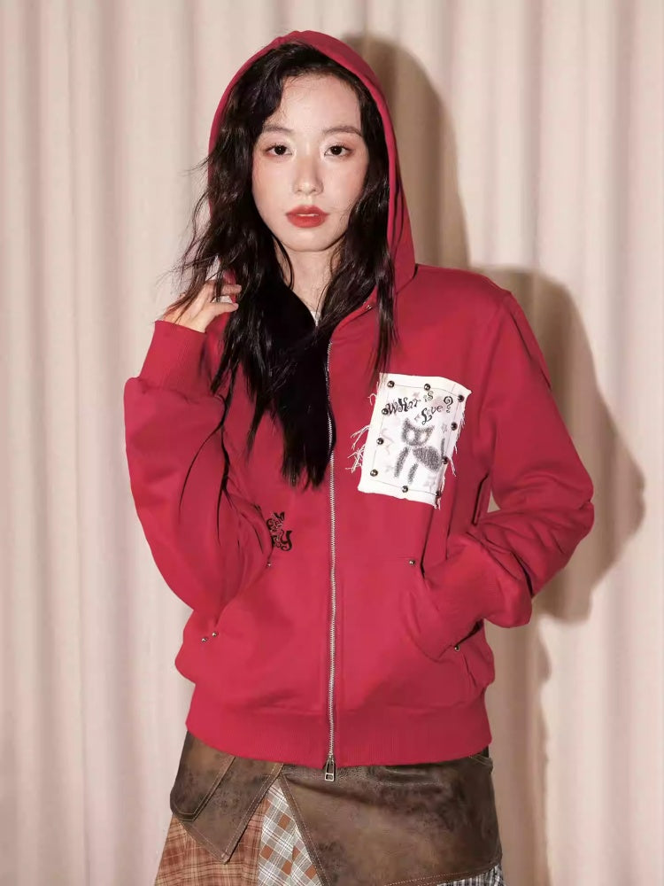 "Cherry Fruit" Kitten Print Vintage Hooded Zip Jacket【s0000013835】