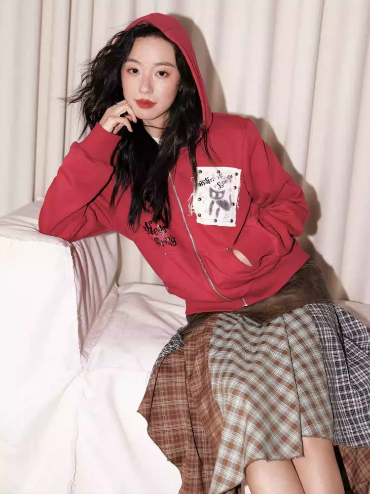 "Cherry Fruit" Kitten Print Vintage Hooded Zip Jacket【s0000013835】