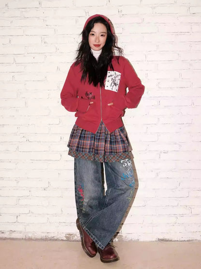 "Cherry Fruit" Kitten Print Vintage Hooded Zip Jacket【s0000013835】