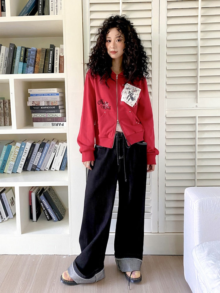 "Cherry Fruit" Kitten Print Vintage Hooded Zip Jacket【s0000013835】