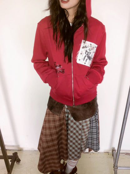 "Cherry Fruit" Kitten Print Vintage Hooded Zip Jacket【s0000013835】