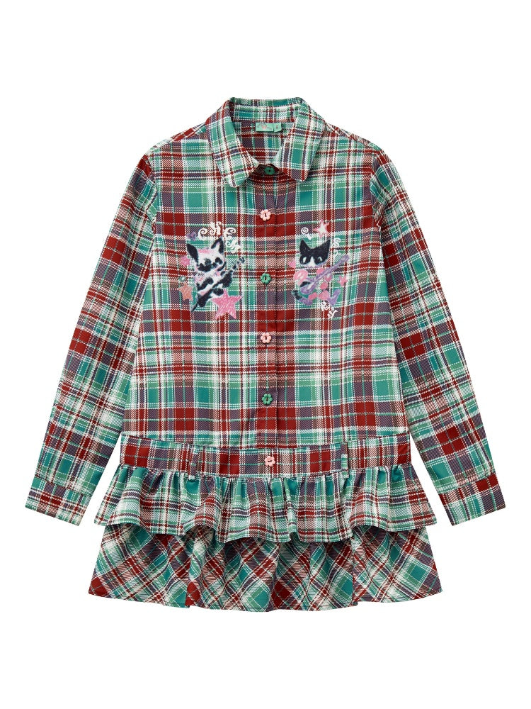 "Meow Meow Band" Doll Collar Plaid Print Long Sleeved Shirt【s0000013838】