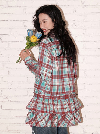 "Meow Meow Band" Doll Collar Plaid Print Long Sleeved Shirt【s0000013838】