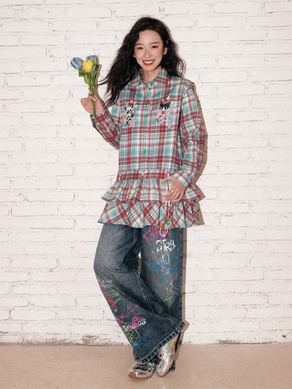 "Meow Meow Band" Doll Collar Plaid Print Long Sleeved Shirt【s0000013838】