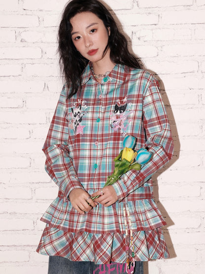 "Meow Meow Band" Doll Collar Plaid Print Long Sleeved Shirt【s0000013838】