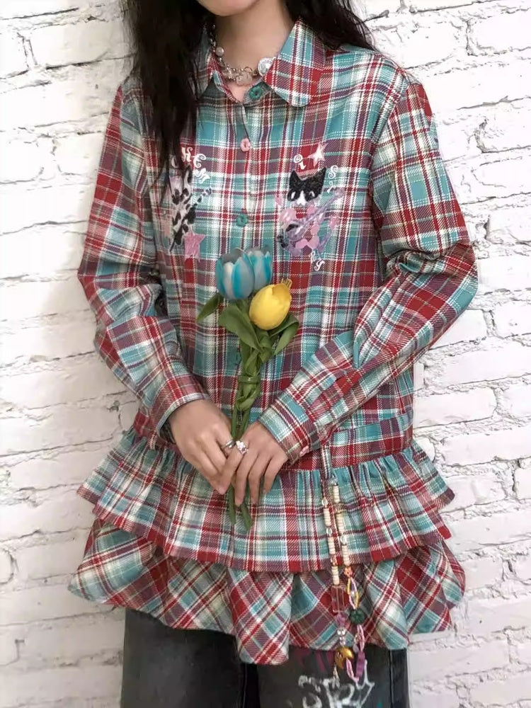 "Meow Meow Band" Doll Collar Plaid Print Long Sleeved Shirt【s0000013838】