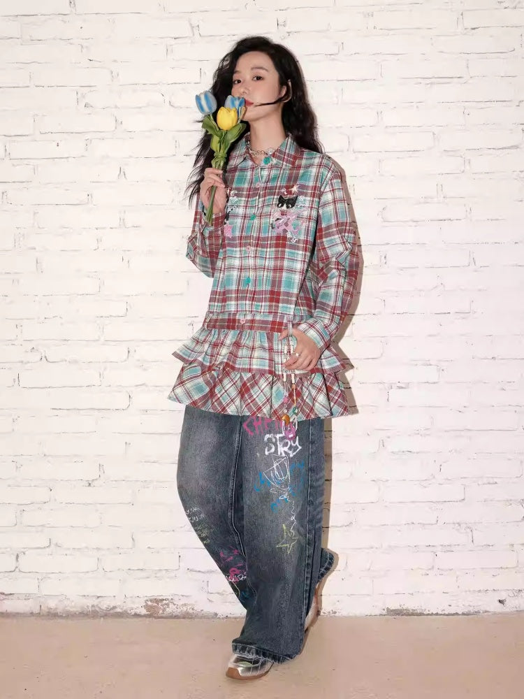 "Meow Meow Band" Doll Collar Plaid Print Long Sleeved Shirt【s0000013838】