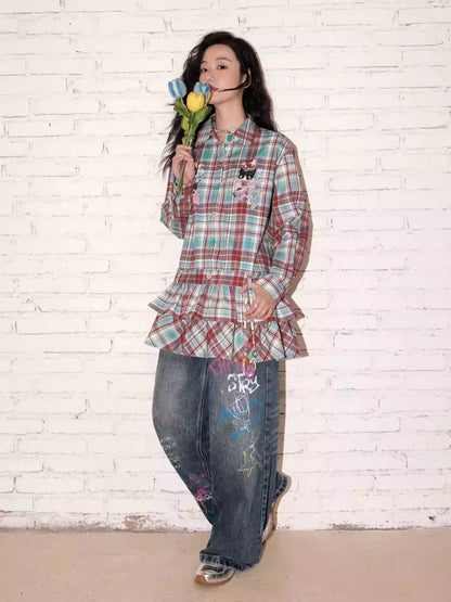 "Meow Meow Band" Doll Collar Plaid Print Long Sleeved Shirt【s0000013838】