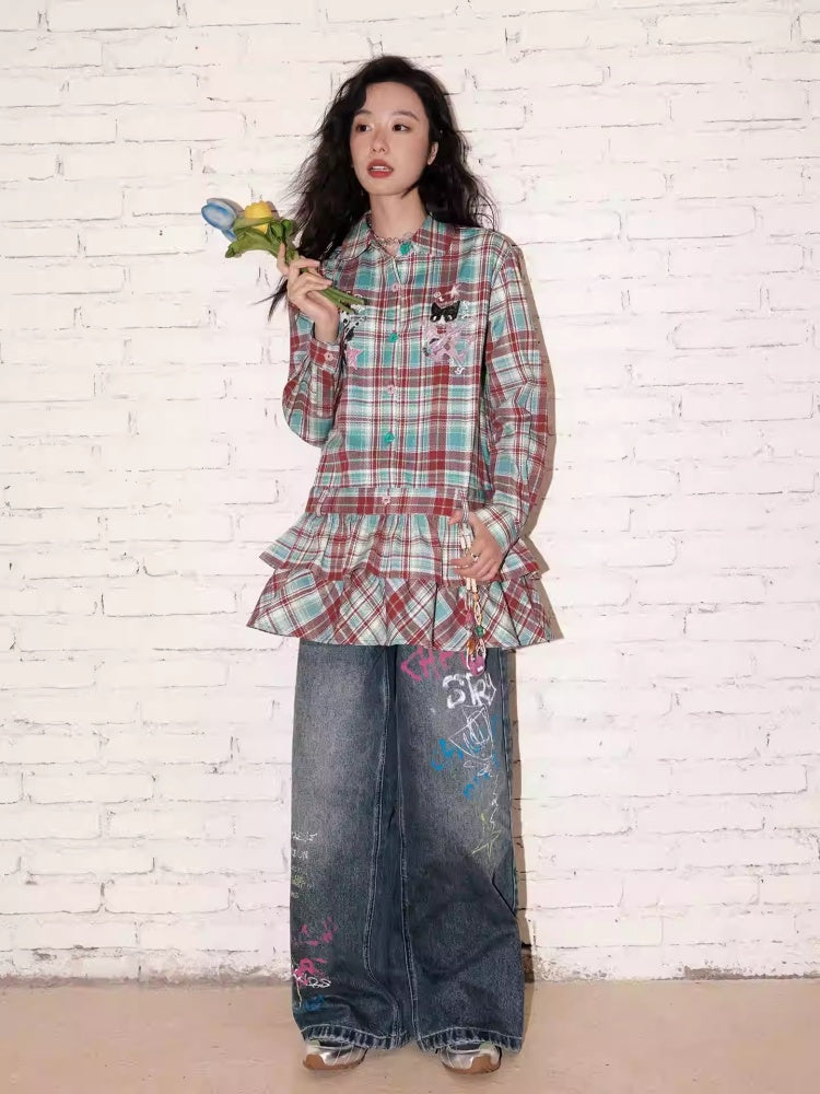 "Meow Meow Band" Doll Collar Plaid Print Long Sleeved Shirt【s0000013838】