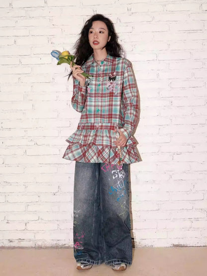 "Meow Meow Band" Doll Collar Plaid Print Long Sleeved Shirt【s0000013838】