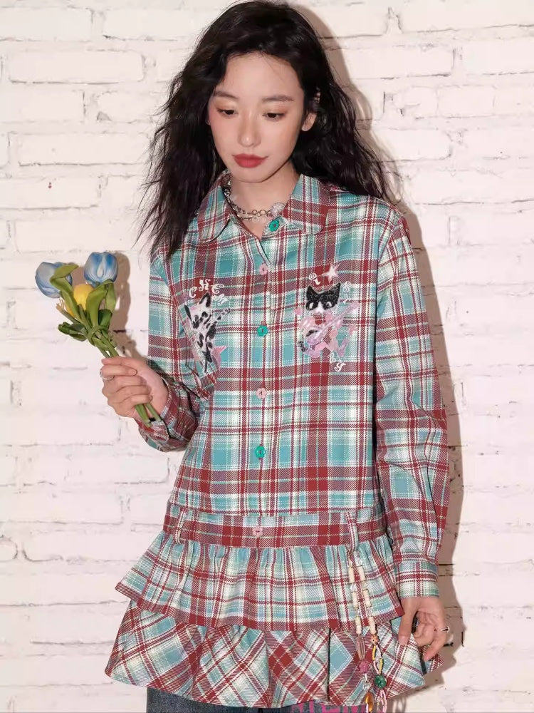 "Meow Meow Band" Doll Collar Plaid Print Long Sleeved Shirt【s0000013838】