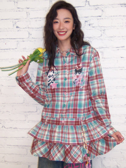 "Meow Meow Band" Doll Collar Plaid Print Long Sleeved Shirt【s0000013838】