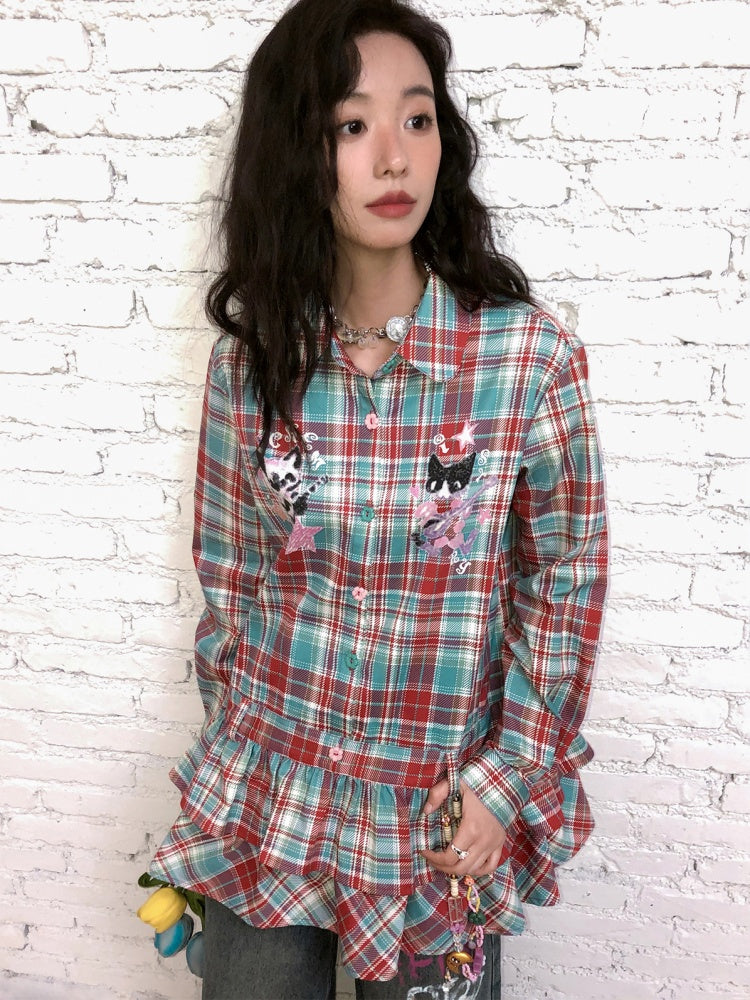 "Meow Meow Band" Doll Collar Plaid Print Long Sleeved Shirt【s0000013838】