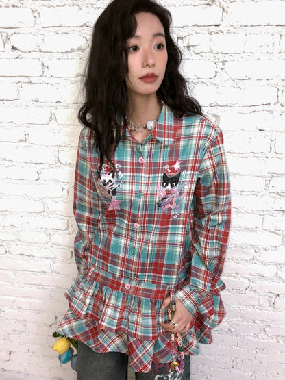 "Meow Meow Band" Doll Collar Plaid Print Long Sleeved Shirt【s0000013838】