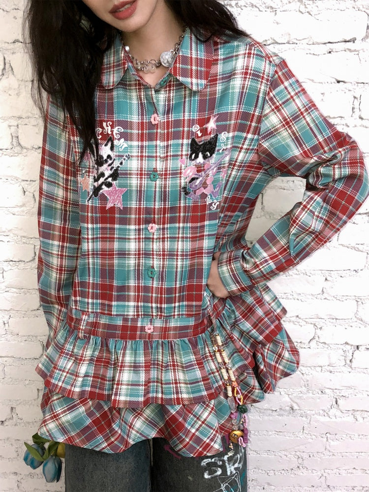 "Meow Meow Band" Doll Collar Plaid Print Long Sleeved Shirt【s0000013838】