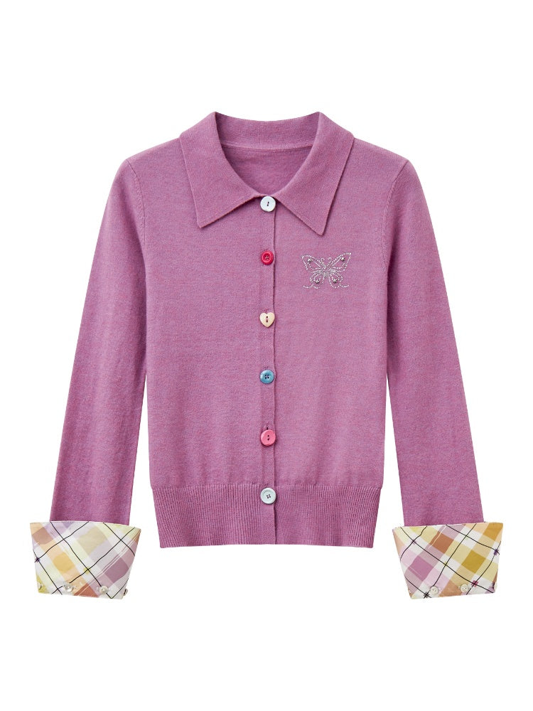 "Pink Butterfly Fun Dream" Slim Fit Plaid Sleeve Shirt【s0000013839】