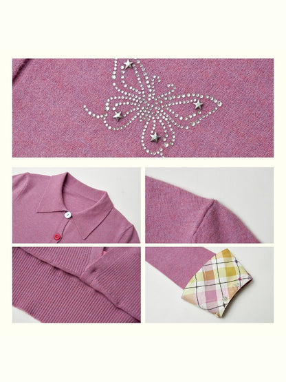 "Pink Butterfly Fun Dream" Slim Fit Plaid Sleeve Shirt【s0000013839】