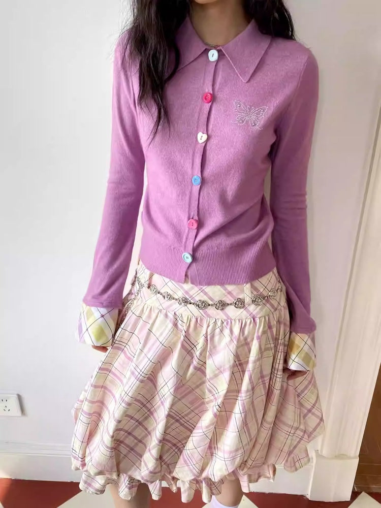 "Pink Butterfly Fun Dream" Slim Fit Plaid Sleeve Shirt【s0000013839】