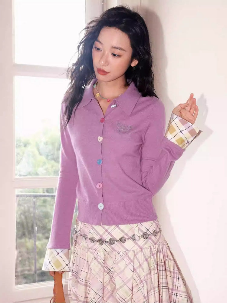 "Pink Butterfly Fun Dream" Slim Fit Plaid Sleeve Shirt【s0000013839】