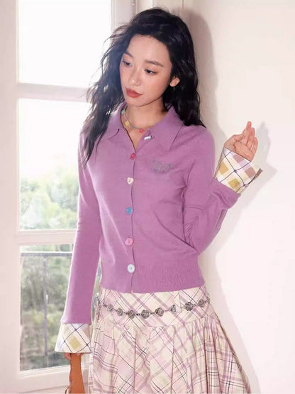 "Pink Butterfly Fun Dream" Slim Fit Plaid Sleeve Shirt【s0000013839】
