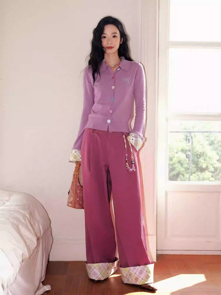 "Pink Butterfly Fun Dream" Slim Fit Plaid Sleeve Shirt【s0000013839】