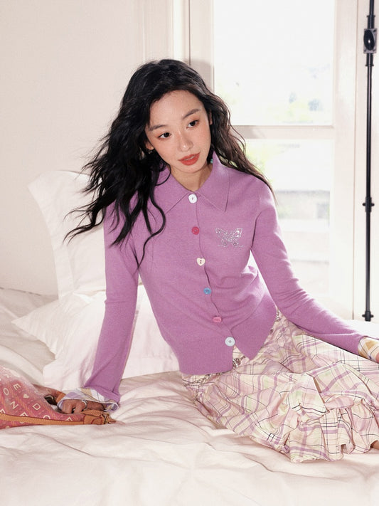 "Pink Butterfly Fun Dream" Slim Fit Plaid Sleeve Shirt【s0000013839】