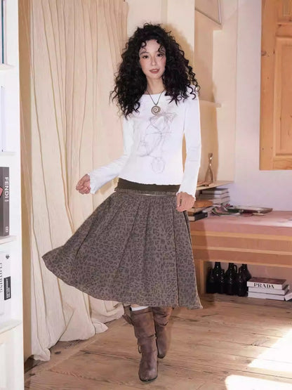 "Honey Spotted" Retro Patchwork Knitted Leopard Print Skirt【s0000013841】