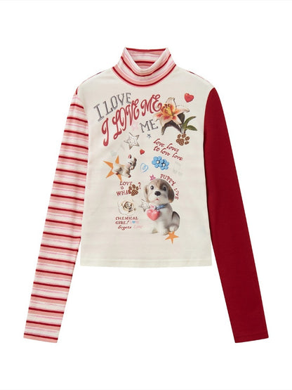 "Puppy Toy Shop" High-Neck Print Design Spliced Long Sleeved T-Shirt【s0000013842】