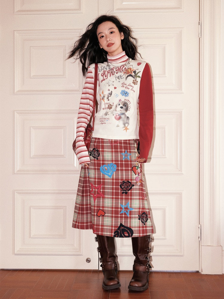 "Puppy Toy Shop" High-Neck Print Design Spliced Long Sleeved T-Shirt【s0000013842】