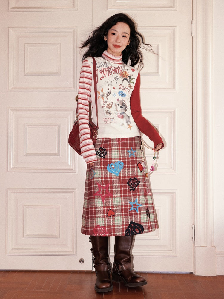 "Puppy Toy Shop" High-Neck Print Design Spliced Long Sleeved T-Shirt【s0000013842】