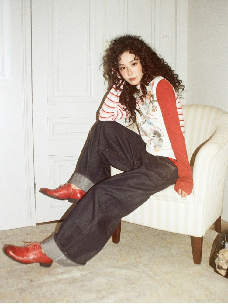 "Puppy Toy Shop" High-Neck Print Design Spliced Long Sleeved T-Shirt【s0000013842】