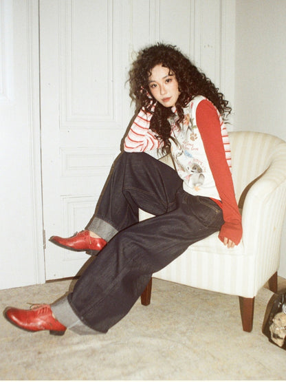 "Puppy Toy Shop" High-Neck Print Design Spliced Long Sleeved T-Shirt【s0000013842】