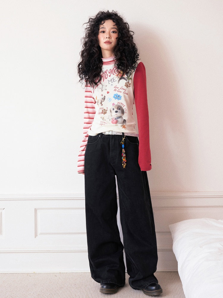 "Puppy Toy Shop" High-Neck Print Design Spliced Long Sleeved T-Shirt【s0000013842】