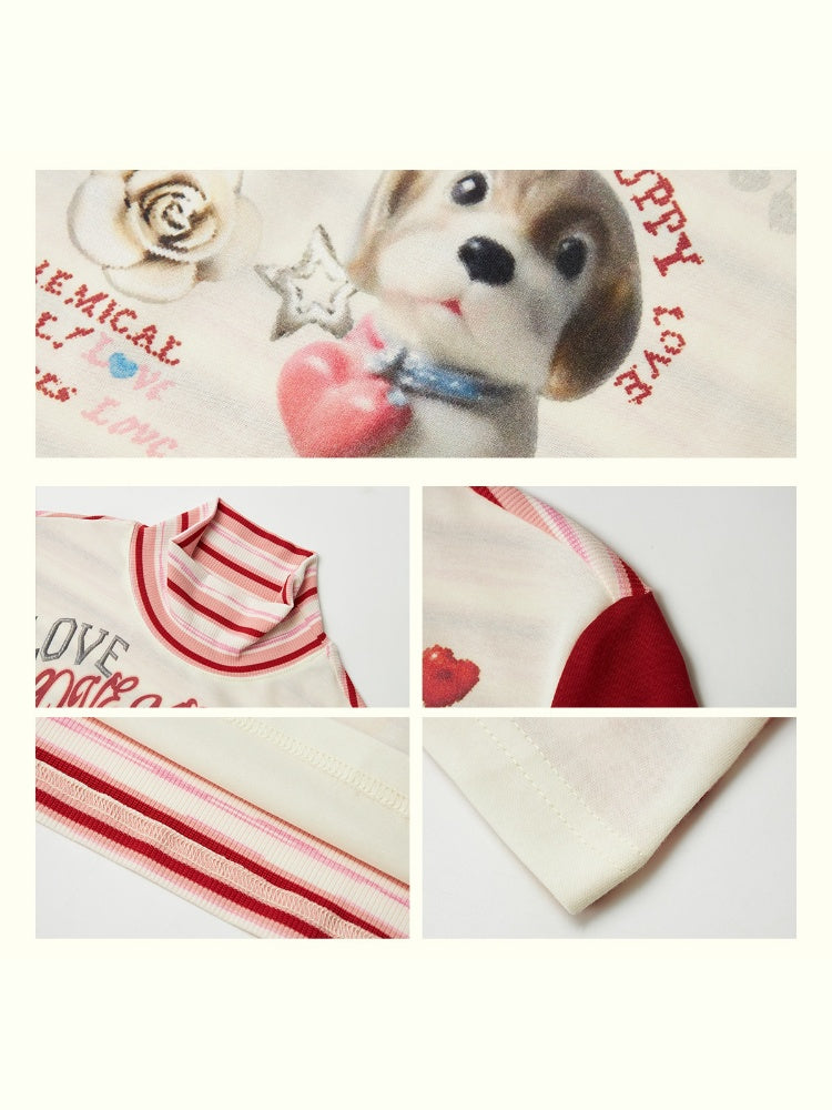 "Puppy Toy Shop" High-Neck Print Design Spliced Long Sleeved T-Shirt【s0000013842】