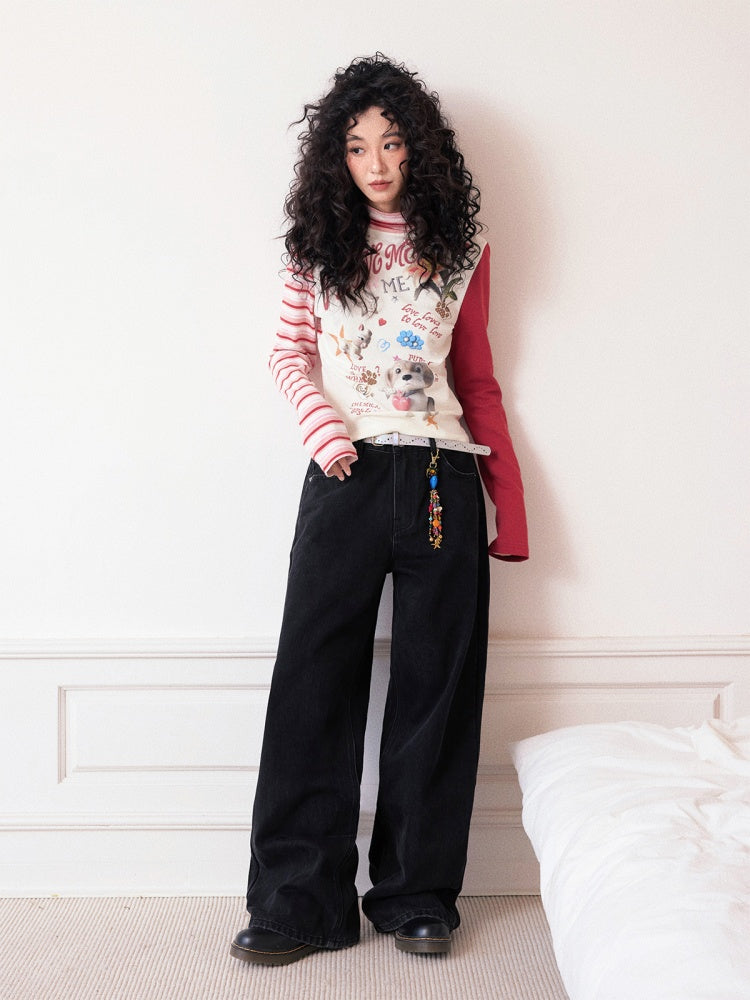 "Puppy Toy Shop" High-Neck Print Design Spliced Long Sleeved T-Shirt【s0000013842】