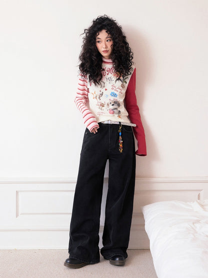 "Puppy Toy Shop" High-Neck Print Design Spliced Long Sleeved T-Shirt【s0000013842】