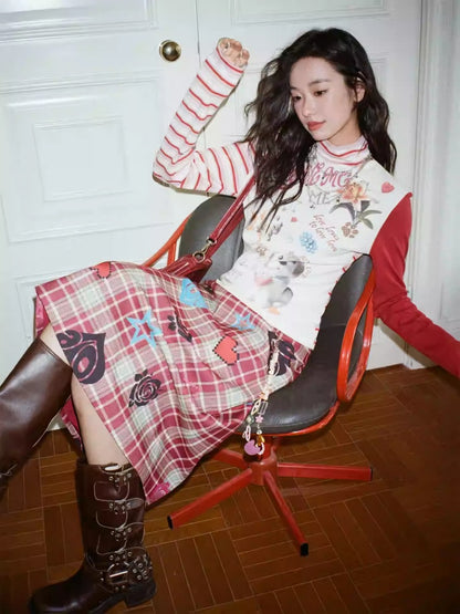 "Puppy Toy Shop" High-Neck Print Design Spliced Long Sleeved T-Shirt【s0000013842】